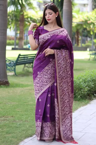Purple art silk woven saree with zari work