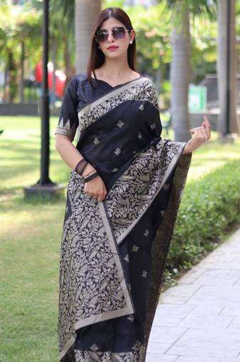 Black art silk woven saree with zari work