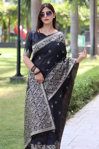 Black art silk woven saree with zari work
