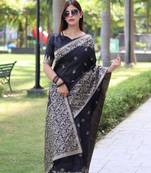 Black art silk woven saree with zari work