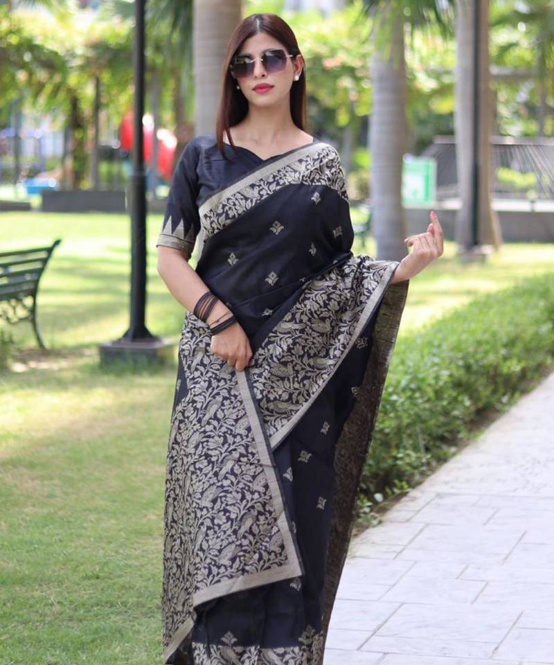 Black art silk woven saree with zari work