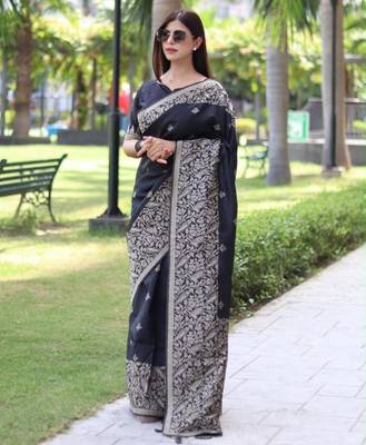 Black art silk woven saree with zari work 2