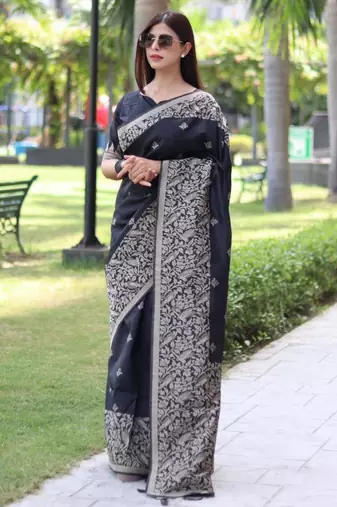 Black art silk woven saree with zari work
