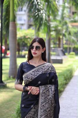 Black art silk woven saree with zari work 3