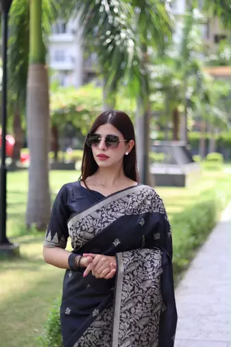Black art silk woven saree with zari work