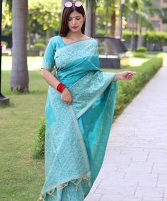 Sky blue art silk woven saree with zari work 1