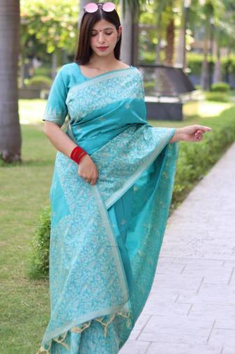 Sky blue art silk woven saree with zari work