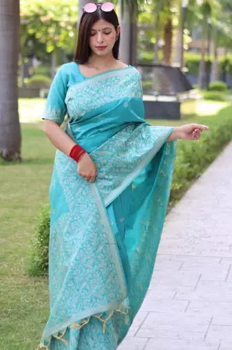 Sky blue art silk woven saree with zari work