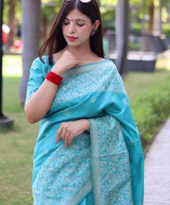 Sky blue art silk woven saree with zari work 2