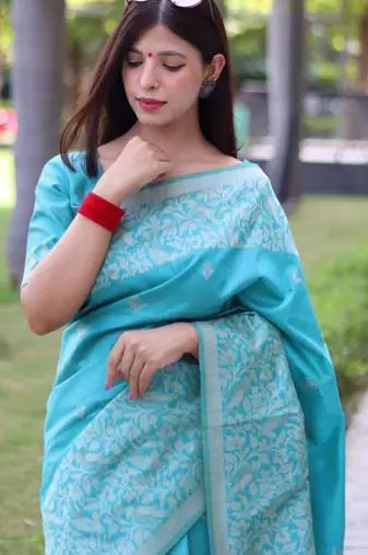 Sky blue art silk woven saree with zari work