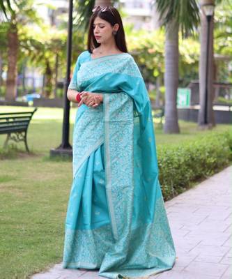Sky blue art silk woven saree with zari work 3