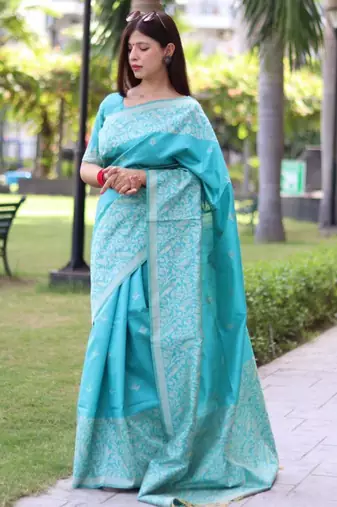 Sky blue art silk woven saree with zari work