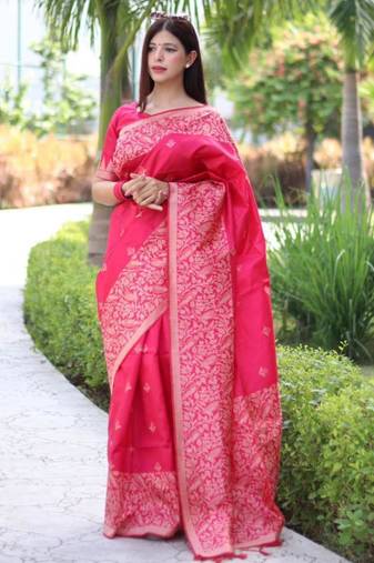 Rani pink art silk woven saree with zari work