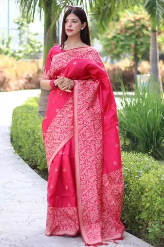 Rani pink art silk woven saree with zari work