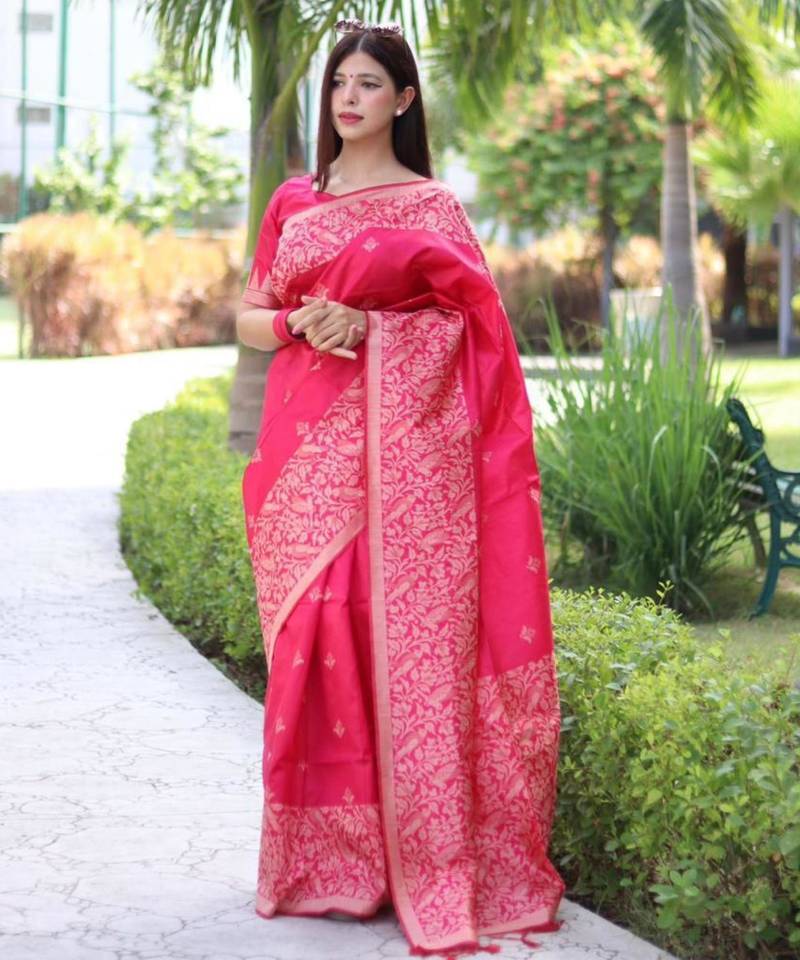 Rani pink art silk woven saree with zari work