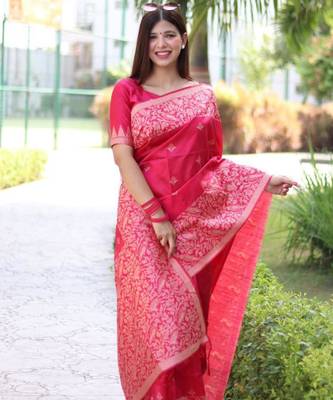 Rani pink art silk woven saree with zari work 3