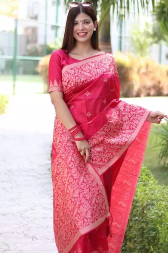 Rani pink art silk woven saree with zari work