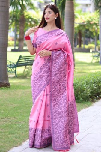Pink art silk woven saree with zari work
