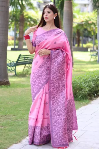Pink art silk woven saree with zari work