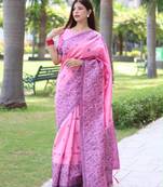 Pink art silk woven saree with zari work