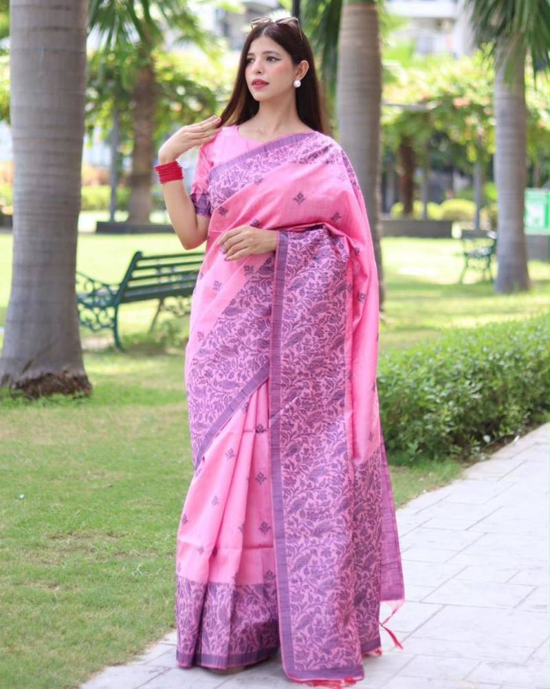 Pink art silk woven saree with zari work