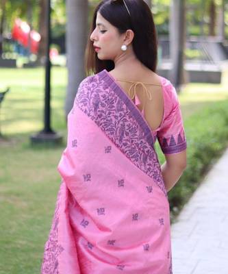 Pink art silk woven saree with zari work 3