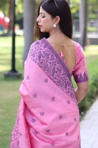 Pink art silk woven saree with zari work
