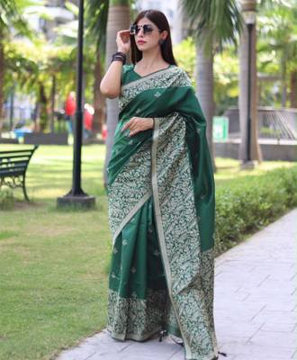 Green art silk woven saree with zari work 1