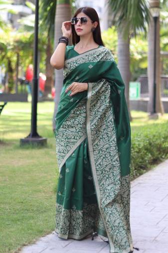Green art silk woven saree with zari work
