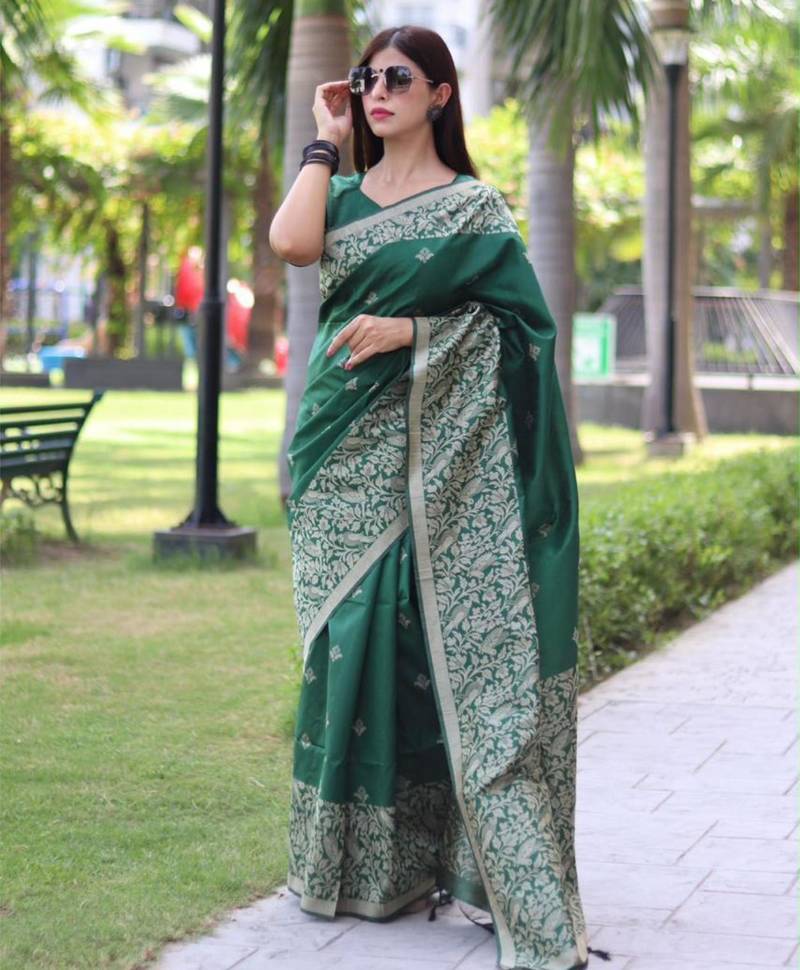 Green art silk woven saree with zari work