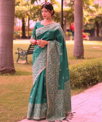 Green art silk woven saree with zari work 3