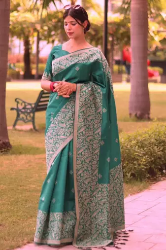 Green art silk woven saree with zari work