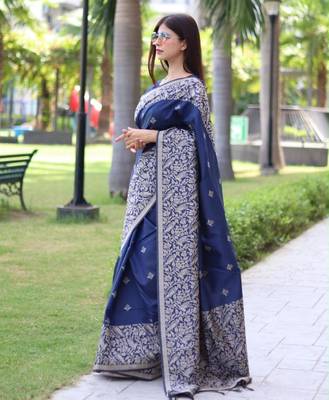 Teal art silk woven saree with zari work 2