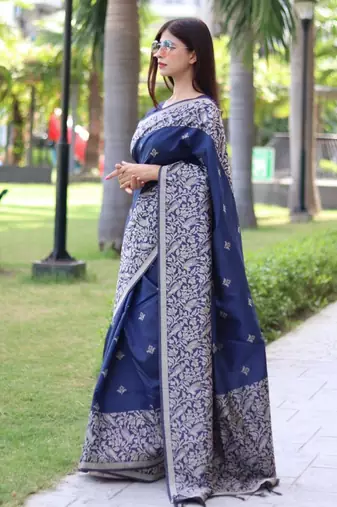 Teal art silk woven saree with zari work