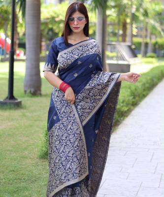 Teal art silk woven saree with zari work 1