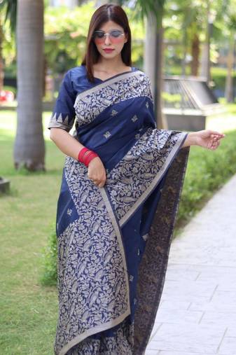 Teal art silk woven saree with zari work