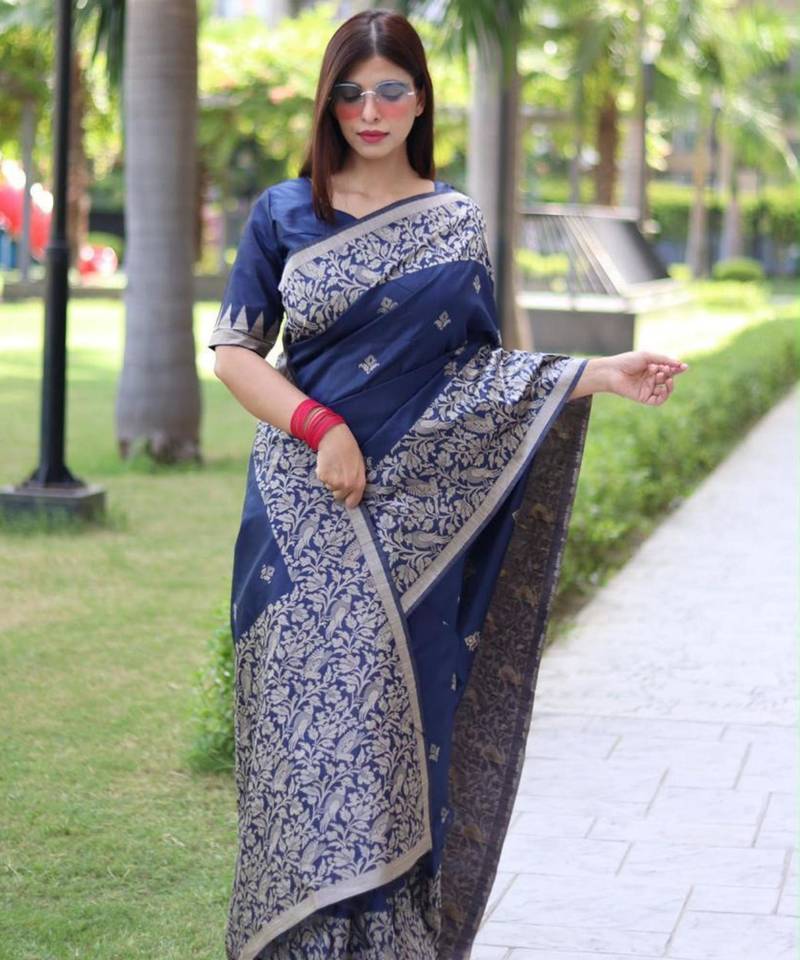 Teal art silk woven saree with zari work