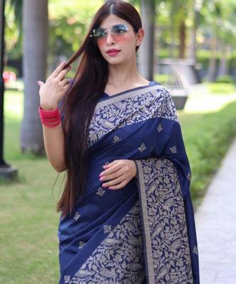 Teal art silk woven saree with zari work 3