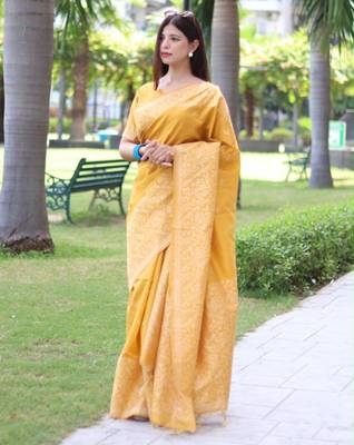 Yellow art silk woven saree with zari work 1