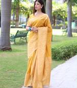 Yellow art silk woven saree with zari work