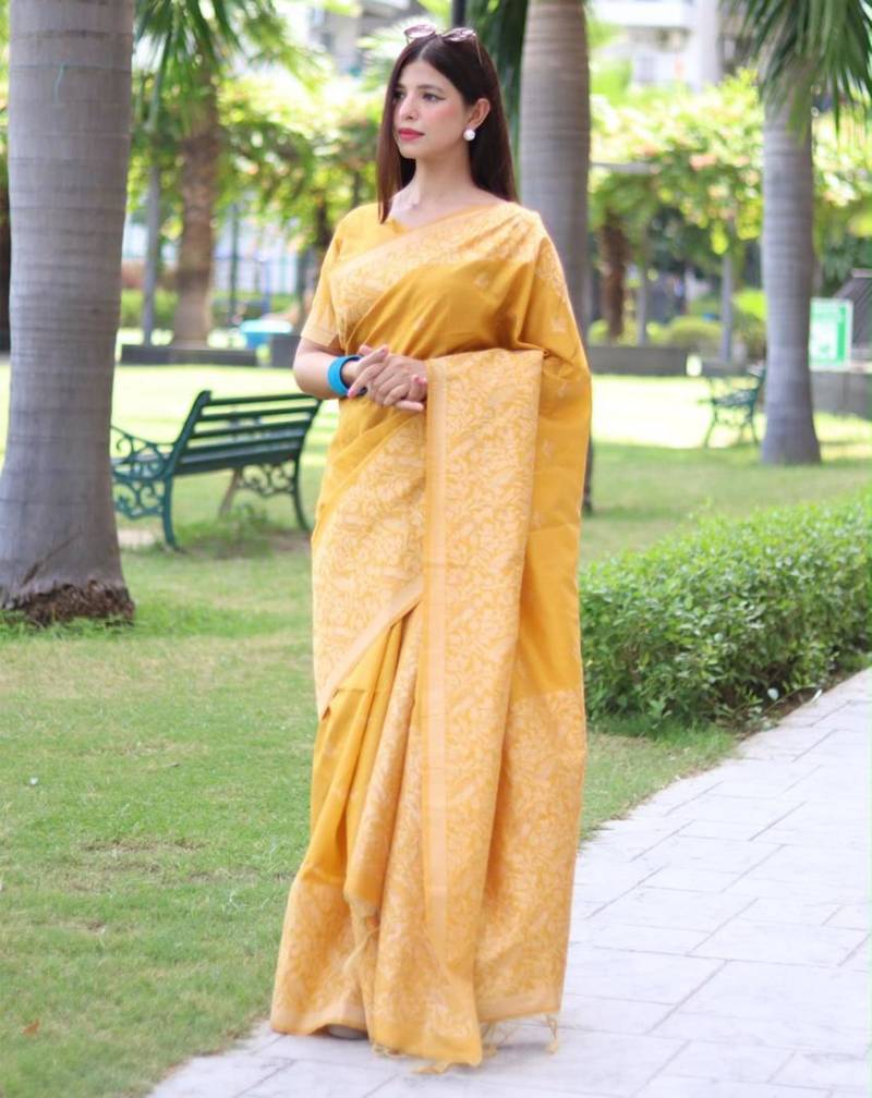 Yellow art silk woven saree with zari work