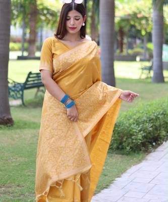Yellow art silk woven saree with zari work 2