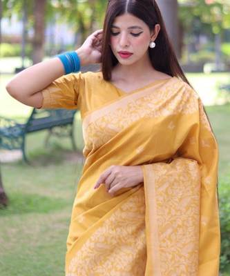 Yellow art silk woven saree with zari work 3