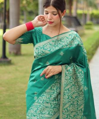 Sea green art silk woven saree with zari work 2
