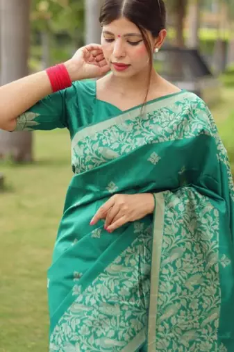 Sea green art silk woven saree with zari work