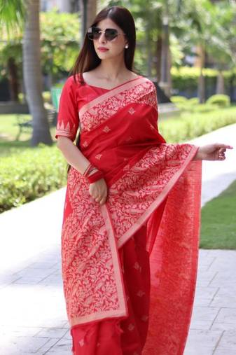 Red art silk woven  with zari work