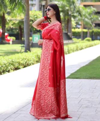 Red art silk woven  with zari work 2