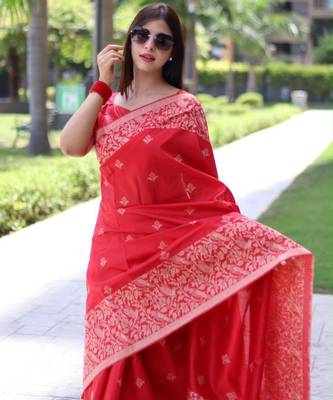 Red art silk woven  with zari work 3