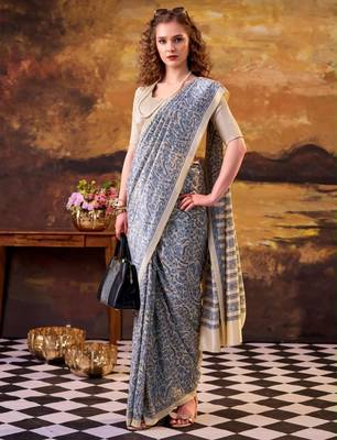 blue art silk printed saree with floral print 1