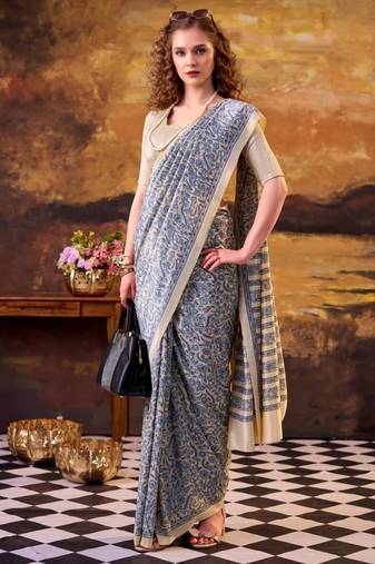 blue art silk printed saree with floral print